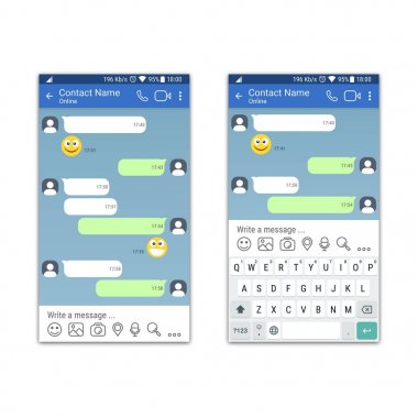 Sosyal ağ veya messenger uygulama şablonu ve mobil cihazlar için sanal klavye olmadan. Sohbet veya sms app arabirimi kavramı.