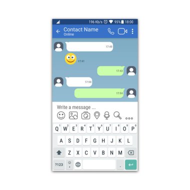 Sosyal ağ veya messenger uygulama şablonu ile mobil cihazlar için sanal klavye. Sohbet veya sms app arabirimi kavramı.