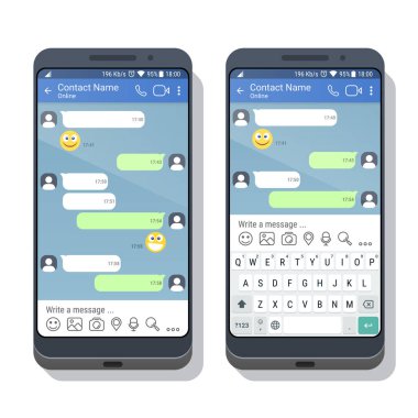 Sosyal ağ veya messenger uygulama şablonu ile ve ezelî belgili tanımlık perde üstünde hareket eden aygıt için sanal klavye ile iki akıllı. Sohbet veya sms app arabirimi kavramı