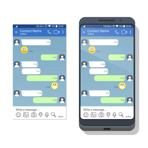 智能手机与社会网络或信使应用程序模板的移动设备在屏幕上 聊天或 Sms 应用程序界面概念 矢量插图 — 图库矢量图片