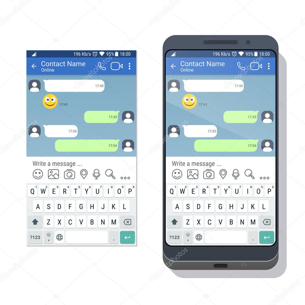 Smartphone with social network or messenger application template with virtual keyboard for mobile device on the screen. Chat or sms app interface concept.