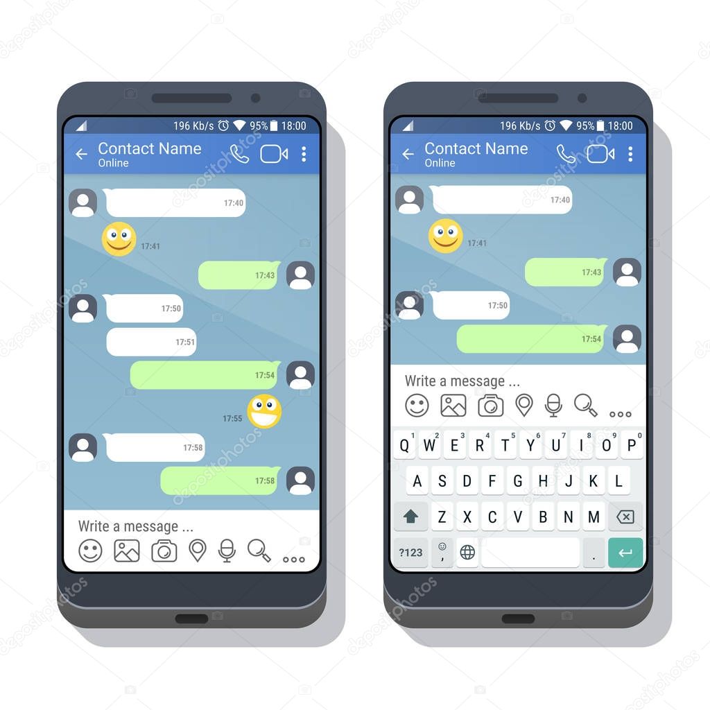 Two smartphones with social network or messenger application template with and without virtual keyboard for mobile devices on the screens. Chat or sms app interface concept