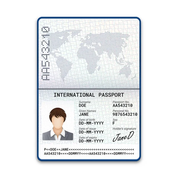 国际女性护照模板 签名和其他个人资料的样本 矢量插图 — 图库矢量图片
