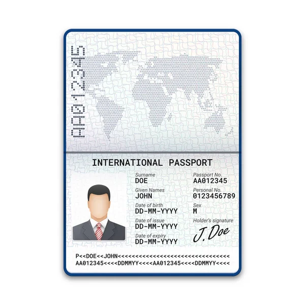 Міжнародний Чоловічий Паспортний Шаблон Зразком Фотографії Підпису Інших Персональних Даних — стоковий вектор