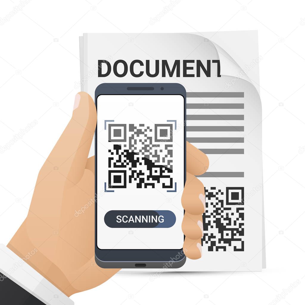 Smartphone in man's hand scanning QR code from document. Barcode scanner application on smart phone screen. Vector illustration