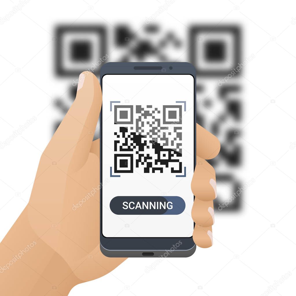 Smartphone in man's hand scans QR code. Barcode scanner application on smart phone screen and blurred QR code behind. Vector illustration