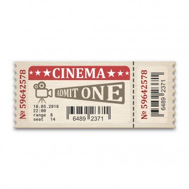 Beyaz arka plan üzerinde retro tarzı sinema bileti