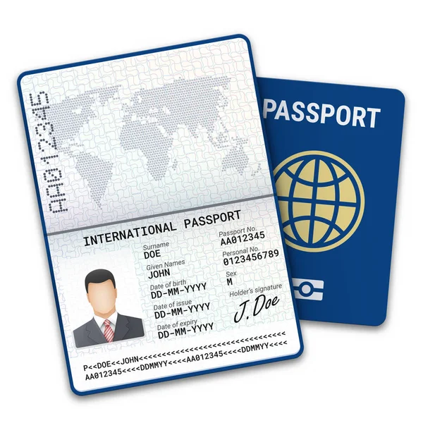 Plantilla Internacional Pasaporte Masculino Con Identificación Datos Biométricos Muestra Foto — Vector de stock