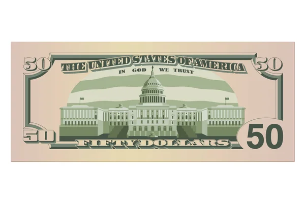 Fifty dollar bill. 50 US dollars banknote, back side. Vector illustration isolated on white background — 스톡 벡터