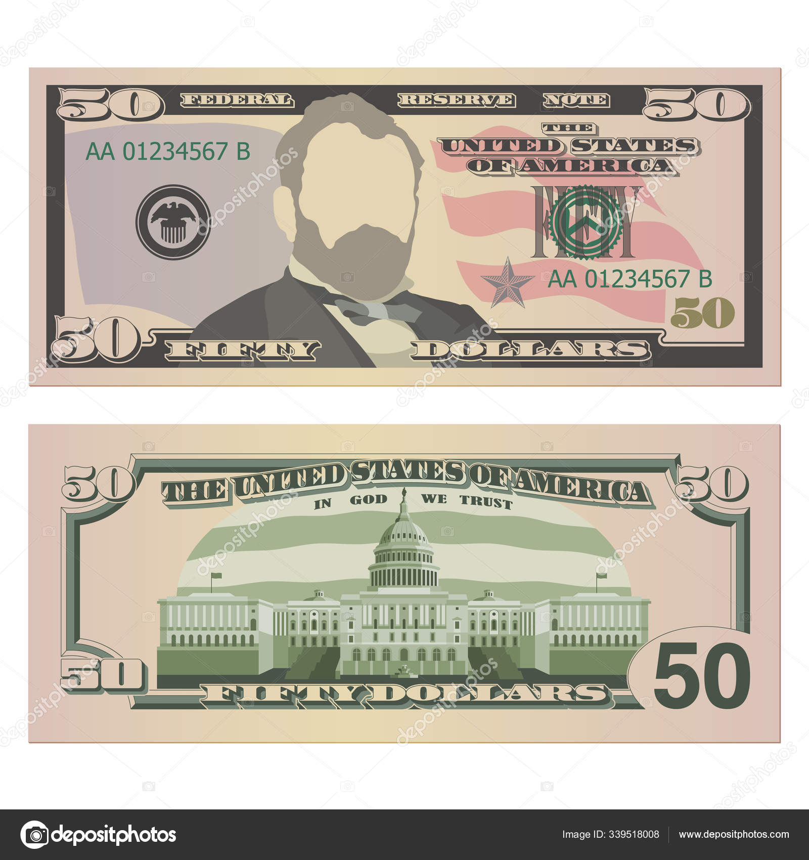 Fifty Dollar Bill On Both Sides 50 Us Dollars Banknote From Front And Reverse Side Vector Illustration Of Usd Isolated On White Background Stock Vector Image By C Realvector