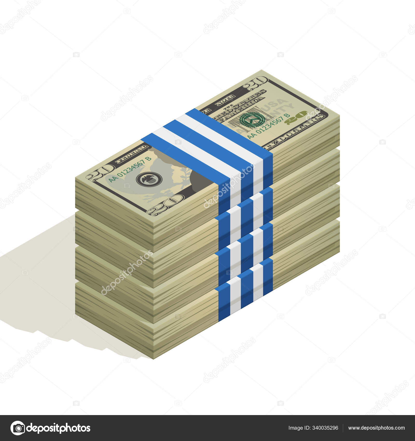 成堆的20美元钞票，成捆的钞票，成堆的现金，纸币。金融成功和财富的概念。白色背景上的等量矢量图解图库矢量图©RealVector 340035296