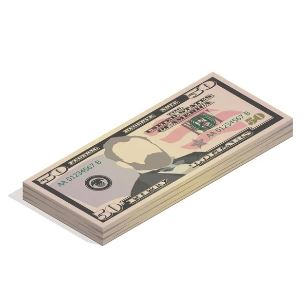 Stack of fifty dollar bills. Paper money, pile of 50 US dollar banknotes, isometric view. Vector illustration isolated on white background — Stock vektor