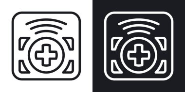 Akıllı telefon, tablet, dizüstü bilgisayar veya mobil arayüzü olan diğer akıllı aygıtlar için uzaktan kumanda uygulama simgesi. Siyah ve beyaz arkaplan üzerine minimalist iki tonlu sürüm