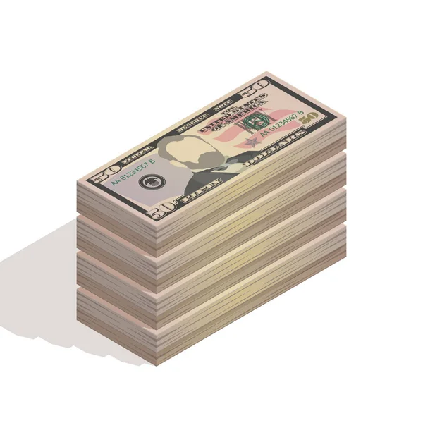 Una grossa pila di banconote da cinquanta dollari. Moneta di carta, mucchio di banconote da 50 dollari, vista isometrica. Illustrazione vettoriale isolata su sfondo bianco — Vettoriale Stock