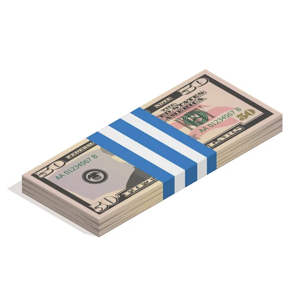 Pankkipakkaus 50 dollarin seteleitä, nippu Yhdysvaltain seteleitä, kasa käteistä, paperirahaa. Taloudellisen menestyksen ja vaurauden käsite. Isometrinen vektori kuva eristetty valkoisella pohjalla — vektorikuva