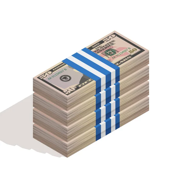 Στοίβα από τραπεζικά πακέτα των 50 δολαρίων, δέσμη των χαρτονομισμάτων μας, σωρός από μετρητά, χάρτινο χρήμα. Η έννοια της οικονομικής επιτυχίας και του πλούτου. Ισομετρική διανυσματική απεικόνιση σε λευκό φόντο — Διανυσματικό Αρχείο