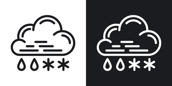 Chuva com neve ou ícone de trenó para aplicação previsão do tempo ou widget. Nuvem com gotas de chuva e flocos de neve. Versão de dois tons em fundo preto e branco — Vetor de Stock