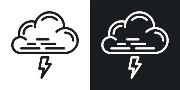 Thundercloud, nuvem de tempestade ou ícone de trovoada para aplicação ou widget de previsão meteorológica. Nuvem com relâmpago. Versão de dois tons em fundo preto e branco — Vetor de Stock