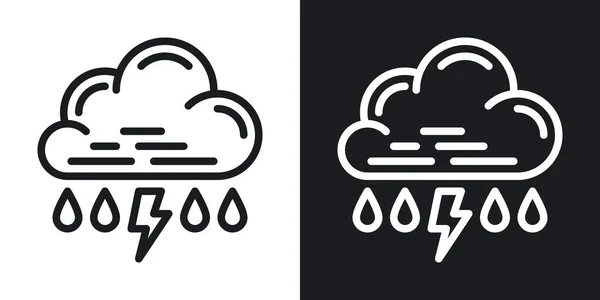 Chuva com trovão ou trovoada ícone para aplicação previsão do tempo ou widget. Nuvem com gotas de chuva e relâmpago. Versão de dois tons em fundo preto e branco — Vetor de Stock