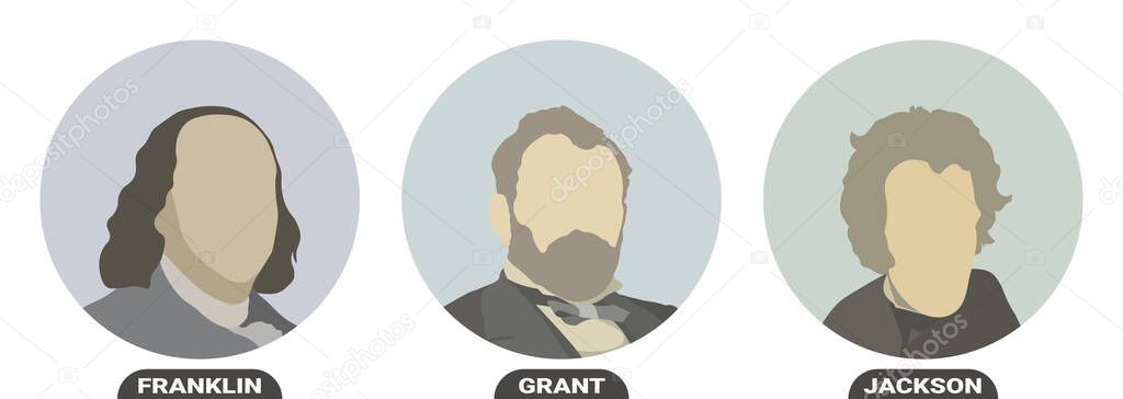 Benjamin Franklin, Ulysses S. Grant and Andrew Jackson, politicians and Presidents of the United States of America. Stylized portraits. Vector illustration on white background