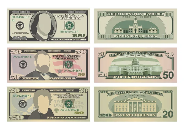 Set van honderd dollar, vijftig dollar en twintig dollar biljetten. 100, 50 en 20 Amerikaanse dollars bankbiljetten van voor en achter. Vector illustratie van Usd geïsoleerd op witte achtergrond — Stockvector