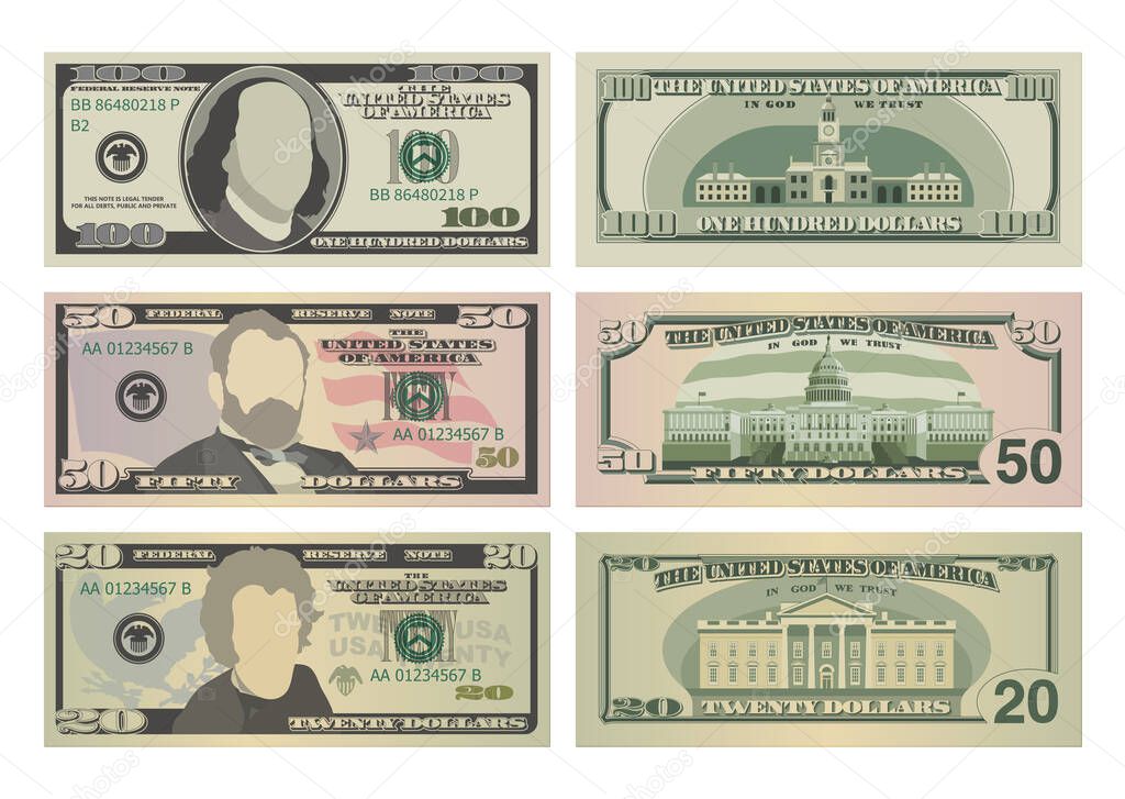 Set of one hundred dollars, fifty dollars and twenty dollar bills. 100, 50 and 20 US dollars banknotes from front and reverse side. Vector illustration of USD isolated on white background