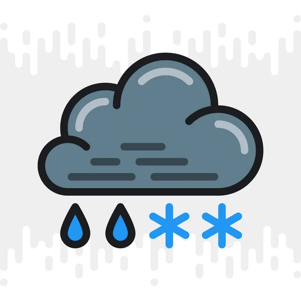 Chuva com neve ou ícone de trenó para aplicação previsão do tempo ou widget. Nuvem com gotas de chuva e flocos de neve. Versão de cor no fundo cinza claro — Vetor de Stock