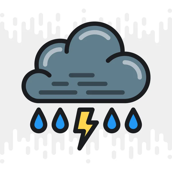Rain with thunder or thunderstorm icon for weather forecast application or widget. Cloud with raindrops and lightning bolt. Color version on light gray background — Stockový vektor