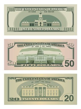 Set of one hundred dollars, fifty dollars and twenty dollar bills. 100, 50 and 20 US dollars banknotes from reverse side. Vector illustration of USD isolated on white background