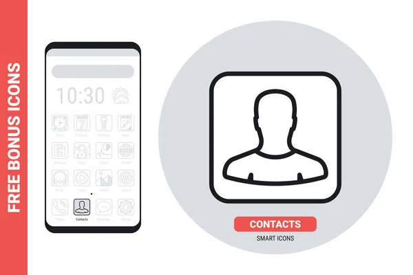 Icono de aplicación de contactos o libreta de direcciones para smartphone, tableta, portátil u otro dispositivo inteligente con interfaz móvil. Versión simple en blanco y negro. Contiene iconos de bonificación gratis — Archivo Imágenes Vectoriales