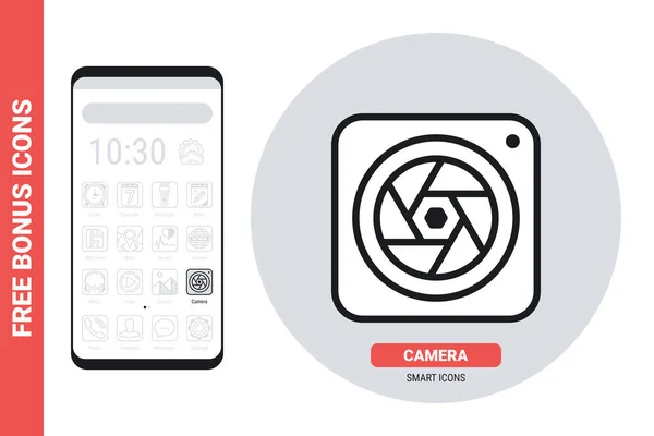 Icono de aplicación de cámara para smartphone, tableta, portátil u otro dispositivo inteligente con interfaz móvil. Versión simple en blanco y negro. Contiene iconos de bonificación gratis — Vector de stock