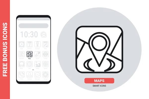 Karten und Navigationsanwendung Symbol für Smartphone, Tablet, Laptop oder anderes intelligentes Gerät mit mobiler Schnittstelle. Einfache Schwarz-Weiß-Version. Enthält kostenlose Bonussymbole — Stockvektor
