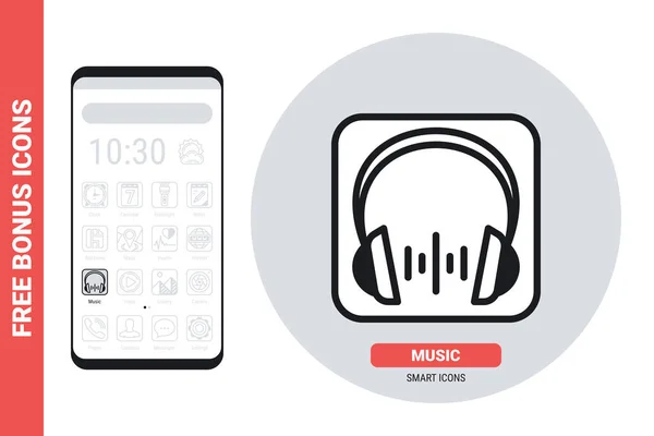Musikplayer-Anwendung oder Kopfhörer-Symbol für Smartphone, Tablet, Laptop oder anderes intelligentes Gerät mit mobiler Schnittstelle. Einfache Schwarz-Weiß-Version. Enthält kostenlose Bonussymbole — Stockvektor