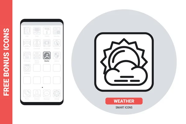 Wettervorhersage oder Metcast-Symbol für Smartphone, Tablet, Laptop oder anderes intelligentes Gerät mit mobiler Schnittstelle. Einfache Schwarz-Weiß-Version. Enthält kostenlose Bonussymbole — Stockvektor