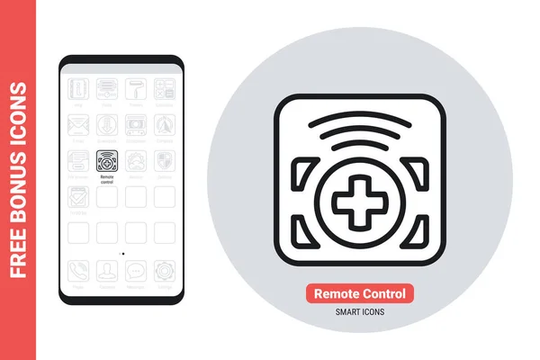 Ícone de aplicativo de controle remoto para smartphone, tablet, laptop ou outro dispositivo inteligente com interface móvel. Versão simples em preto e branco. Contém ícones de bônus gratuitos — Vetor de Stock