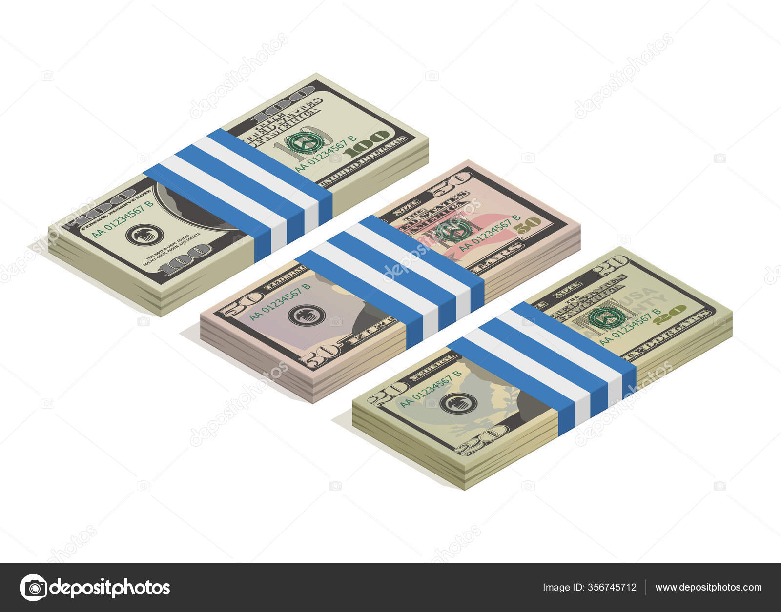 100美元、 50美元和20美元钞票的银行包装。纸币，一堆100，50和20美元的钞票，等距视图。在白色背景上孤立的向量图图库矢量图©RealVector  356745712