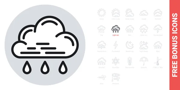 Leichter oder leichter Regen oder Nieselregen für Wettervorhersage Anwendung oder Widget. Wolke mit Regentropfen. Einfache Schwarz-Weiß-Version. Kostenlose Bonussymbole enthalten — Stockvektor