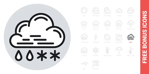 Chuva com neve ou ícone de trenó para aplicação previsão do tempo ou widget. Nuvem com gotas de chuva e flocos de neve. Versão simples em preto e branco. Kit de ícones de bônus grátis incluído — Vetor de Stock