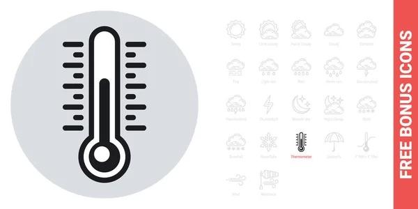 Termômetro ou ícone de temperatura do ar para aplicação previsão do tempo ou widget. Versão simples em preto e branco. Kit de ícones de bônus grátis incluído — Vetor de Stock