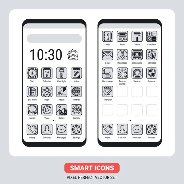Mobile Icons Kit für Smartphone, Tablet, Laptop oder andere mobile UI. Einfache Schwarz-Weiß-Version der Symbole auf dem Smartphone-Bildschirm — Stockvektor