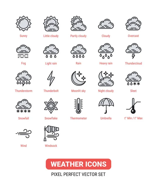 Peralatan ikon cuaca. Ikon ditata untuk aplikasi, widget atau situs web untuk prakiraan cuaca. Ilustrasi vektor pada latar belakang putih - Stok Vektor