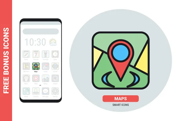 Mapy i ikona aplikacji nawigacyjnych dla smartfona, tabletu, laptopa lub innego inteligentnego urządzenia z interfejsem mobilnym. Prosta, kolorowa wersja. Zawiera darmowe ikony bonusowe — Wektor stockowy