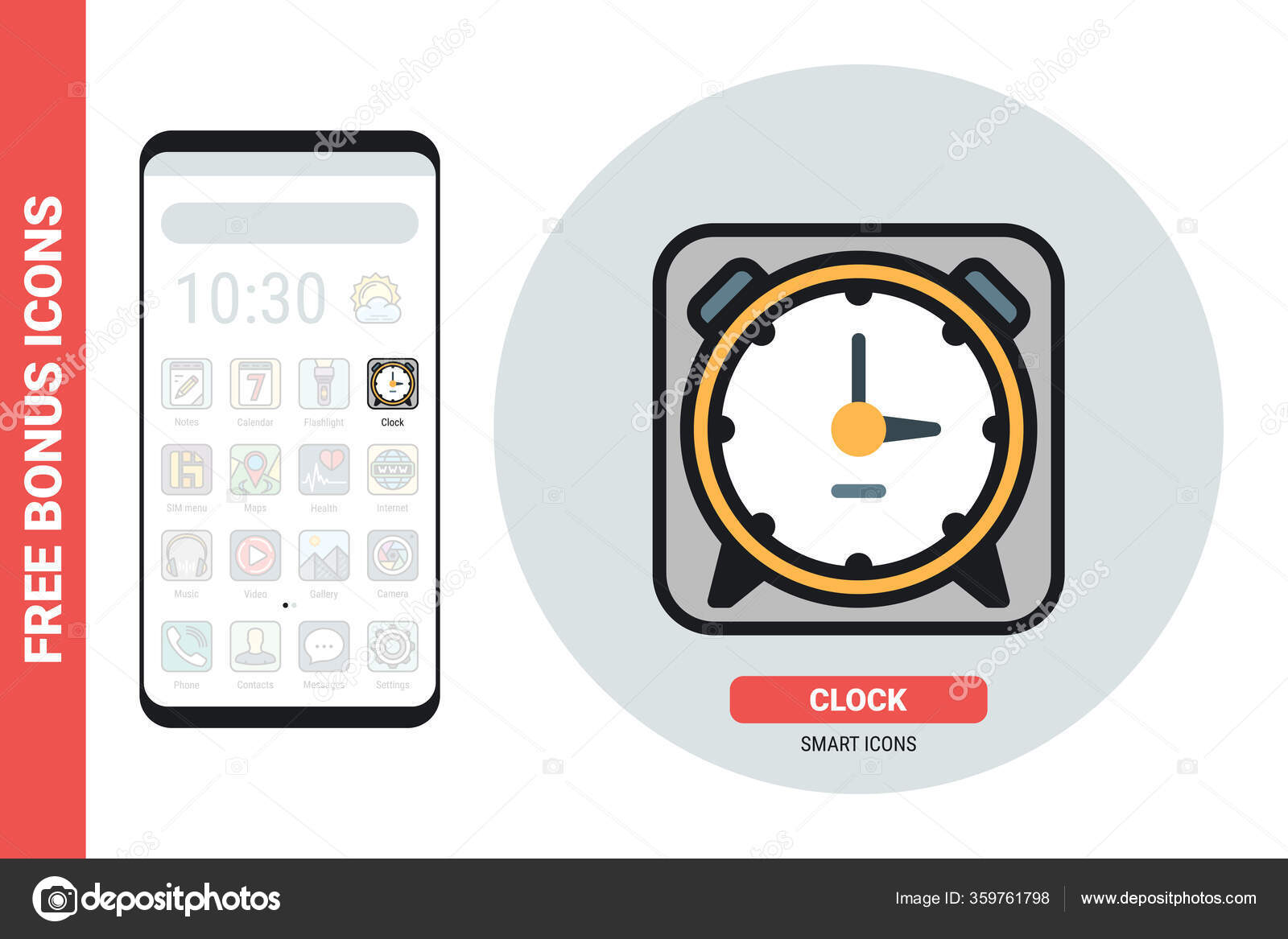 Relógio despertador ou ícone de aplicativo temporizador para smartphone,  tablet, laptop ou outro dispositivo inteligente com interface móvel. Versão  a cores simples. Contém ícones de bônus gratuitos imagem vetorial de  ©RealVector 359761798