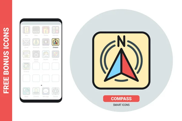 Icône de l'application Compass pour smartphone, tablette, ordinateur portable ou autre appareil intelligent avec interface mobile. Version couleur simple. Contient des icônes bonus gratuites — Image vectorielle