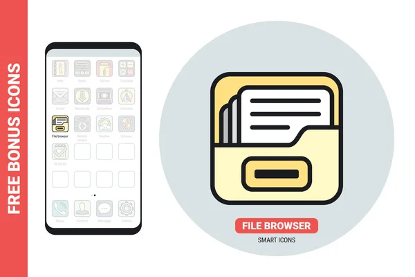 Dateimanager oder Dateibrowser-Anwendungssymbol für Smartphone, Tablet, Laptop oder anderes intelligentes Gerät mit mobiler Schnittstelle. Einfache Farbversion. Enthält kostenlose Bonussymbole — Stockvektor