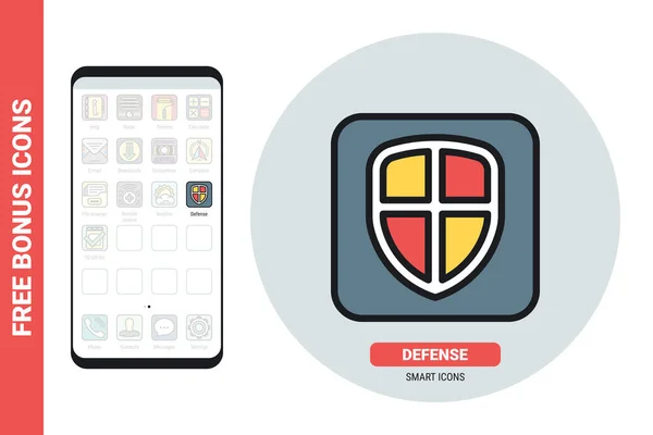 Akıllı telefon, tablet, laptop veya mobil arayüzü olan diğer akıllı cihazlar için telefon koruması, savunma veya antivirüs uygulama simgesi. Basit renk versiyonu. Ücretsiz bonus simgeleri içerir — Stok Vektör