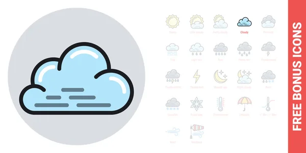Cloudy, nebulosidade ou ícone nublado para aplicação previsão do tempo ou widget. Nuvem de perto. Versão a cores simples. Kit de ícones de bônus grátis incluído — Vetor de Stock