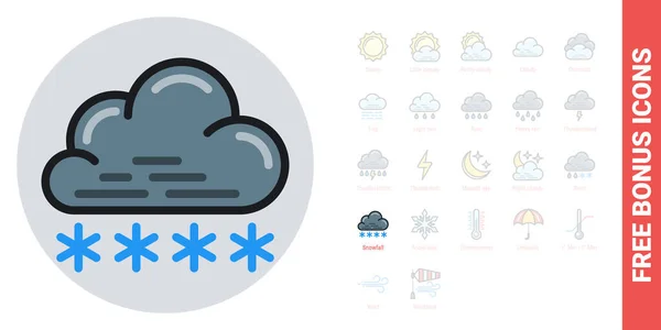 Schnee- oder Schneefall-Symbol für Wettervorhersage-Anwendung oder Widget. Wolke mit Schneeflocken. Einfache Farbversion. Kostenlose Bonussymbole enthalten — Stockvektor