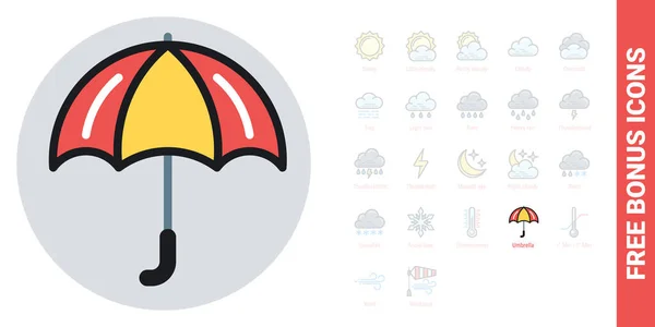Парасолька, парасолька або значок парасольки для застосування в погодних умовах або віджета. Проста кольорова версія. Набір безкоштовних бонусних піктограм — стоковий вектор