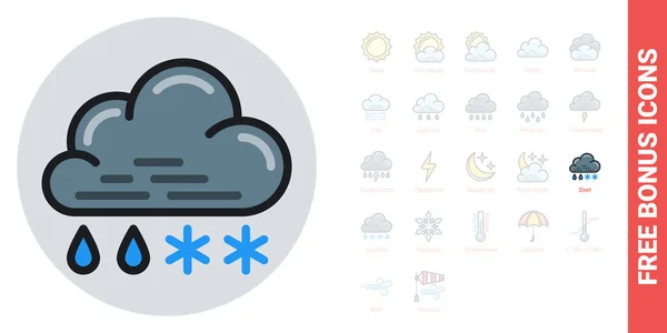 Regen mit Schnee- oder Graupelsymbol für Wettervorhersage-Anwendung oder Widget. Wolken mit Regentropfen und Schneeflocken. Einfache Farbversion. Kostenlose Bonussymbole enthalten — Stockvektor